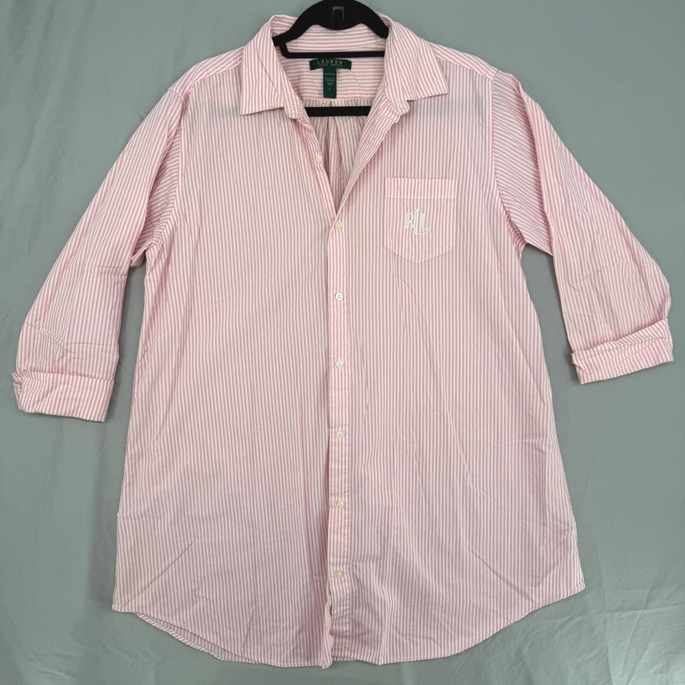 Lauren Ralph Lauren Pink White Striped Cotton Sleep Shirt Nightgown Large 815197